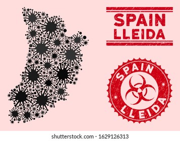 Coronavirus collage Lleida Province map and red grunge stamp seals with biohazard symbol. Lleida Province map collage formed with random contagious icons. Red rounded outbreak danger seal,