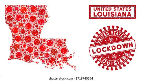 Coronavirus collage Louisiana State map and rubber prints. Red rounded lockdown textured seal stamp. Vector coronavirus pathogen icons are organized into composition Louisiana State map.