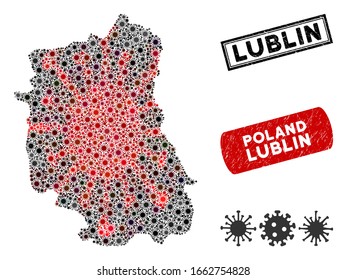 Coronavirus collage Lublin Voivodeship mapa y sellos de goma. Collage de mapas de Voivodeship compuesto por símbolos infecciosos rojos y negros aleatorios. Marcas de agua rectangulares, con textura sucia.