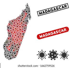 Coronavirus collage de mapa de la isla de Madagascar y marcas de agua perturbadas. Collage de mapas de la isla de Madagascar formado con elementos de virus rojos y negros dispersos. Marcas de agua rectangulares, con textura gruesa.