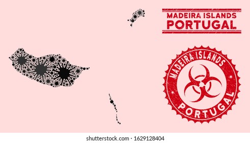 Coronavirus collage Madeira Islands map and red corroded stamp watermarks with biohazard symbol. Madeira Islands map collage constructed with randomized pandemic symbols.