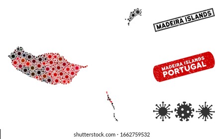 Coronavirus collage Madeira Islands map and grunge stamp watermarks. Madeira Islands map collage designed with random red and black flu symbols. Rectangle stamps, with grunge texture.