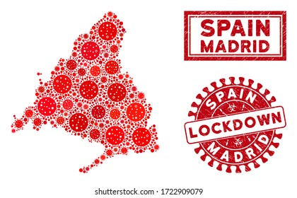 Coronavirus collage de mapas de la provincia de Madrid y sellos de foca. Sello rojo redondeado de cierre. Los elementos virales del coronavirus vectorial se organizan en el mapa de la provincia de Madrid. Colección de vectores para medicina,