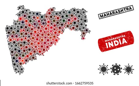 Coronavirus collage Maharashtra State map and distressed stamp seals. Maharashtra State map collage designed with scattered red and black bacillus icons. Rectangle watermarks, with unclean texture.