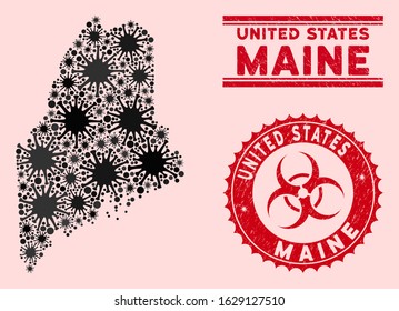 Coronavirus collage Maine State map and red distressed stamp watermarks with biohazard sign. Maine State map collage composed with scattered microbe symbols. Red rounded outbreak danger seal stamp,
