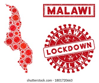 Coronavirus collage mapas y sellos de Malawi. Sello texturizado con cierre redondo rojo. Los elementos patógenos del coronavirus vectorial se unen en el mapa de Malawi de collage. Combinación de vectores para bloqueo,