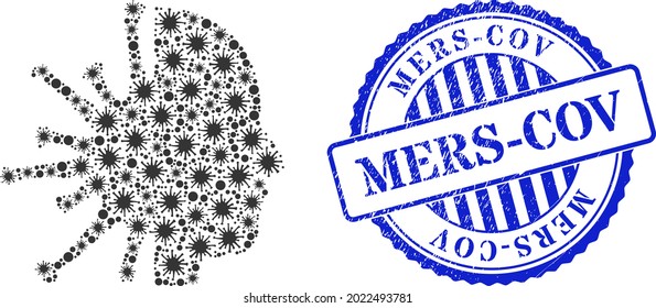 Coronavirus collage coronavirus man head icon, and grunge MERS-COV stamp. Coronavirus man head collage for medical images, and corroded round blue stamp.