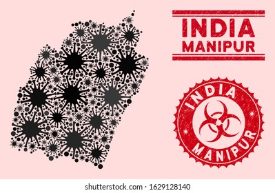 Coronavirus collage Manipur State map and red distressed stamp watermarks with biohazard symbol. Manipur State map collage created with randomized contagion items. Red round outbreak danger stamp,