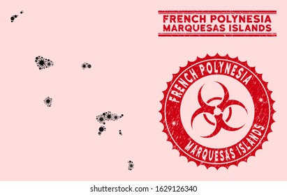 Coronavirus collage Marquesas Islands map and red grunge stamp seals with biohazard symbol. Marquesas Islands map collage created with randomized infectious icons. Red round outbreak danger watermark,