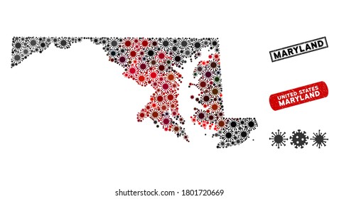 Coronavirus collage Maryland State map and corroded stamp seals. Maryland State map collage designed with scattered red and black epidemic items. Rectangle seals, with scratched texture.