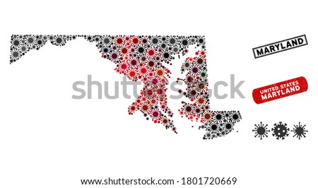Coronavirus collage Maryland State map and corroded stamp seals. Maryland State map collage designed with scattered red and black epidemic items. Rectangle seals, with scratched texture.