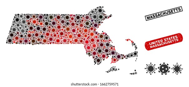 Coronavirus collage Massachusetts State map and rubber stamp watermarks. Massachusetts State map collage designed with scattered red and black viral elements. Rectangle watermarks,