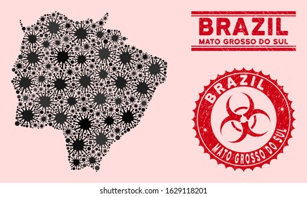 Coronavirus collage Mato Grosso do Sul State map and red corroded stamp watermarks with biohazard sign. Mato Grosso do Sul State map collage formed with random bacterium symbols.