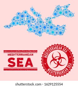 Coronavirus collage Mediterranean Sea map and red rubber stamp watermarks with biohazard sign. Mediterranean Sea map collage created with randomized mers elements. Red rounded outbreak danger stamp,