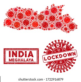 Coronavirus collage Meghalaya State map and seals. Red rounded lockdown distress seal. Vector coronavirus pathogen elements are united into mosaic Meghalaya State map. Vector collage for lockdown,