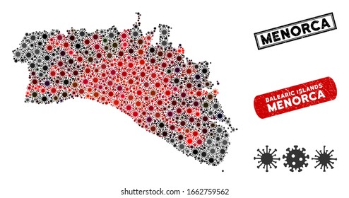 Coronavirus Collage Menorca Insel Karte und Gummi Stempel Siegel. Menorca Insel Karte Collage bestehend aus verstreuten rot-schwarzen Elementen. Verdichtungen im Rechteck mit schmutziger Textur.