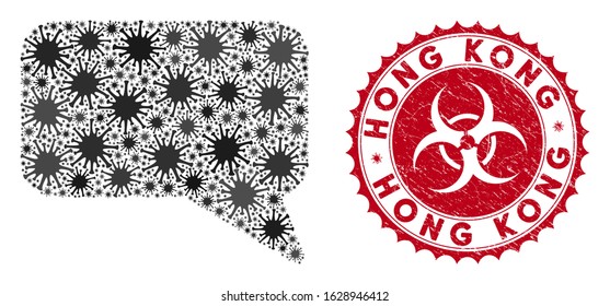 Coronavirus collage message cloud icon and round rubber stamp seal with Hong Kong phrase. Mosaic vector is composed with message cloud icon and with random infectious objects.