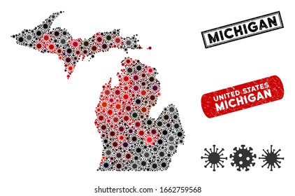 Coronavirus collage Michigan State map and grunge stamp seals. Michigan State map collage composed with scattered red and black flu icons. Rectangle seals, with grunge texture.