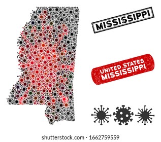 Coronavirus collage Mississippi State map and distressed stamp seals. Mississippi State map collage formed with scattered red and black bacteria elements. Rectangle seals, with distress texture.