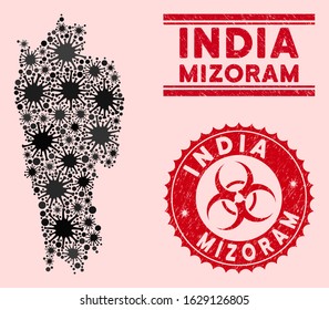 Coronavirus collage Mizoram State map and red corroded stamp seals with biohazard symbol. Mizoram State map collage constructed with randomized sars icons. Red rounded outbreak danger stamp,