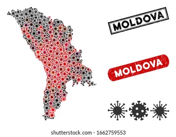 Coronavirus Collage Moldau Karte und Not leidende Stempelrobben. Moldawien-Kartencollage mit zufälligen roten und schwarzen Bakteriensymbolen. Verdichtungen im Rückwinkel mit Notgefühl.