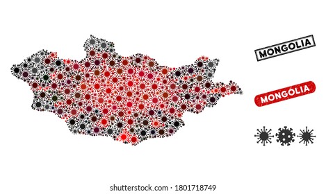Mapa del Coronavirus de Mongolia y sellos con sellos angustiados. Collage de mapas de Mongolia formado con elementos virales rojos y negros aleatorios. Sellos rectangulares, con textura gruesa.