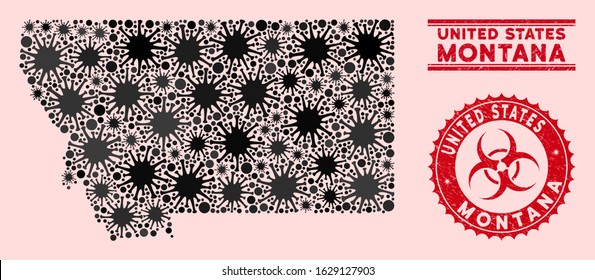 Coronavirus collage Montana State map and red grunge stamp watermarks with biohazard symbol. Montana State map collage formed with randomized microbe icons. Red round outbreak danger stamp,