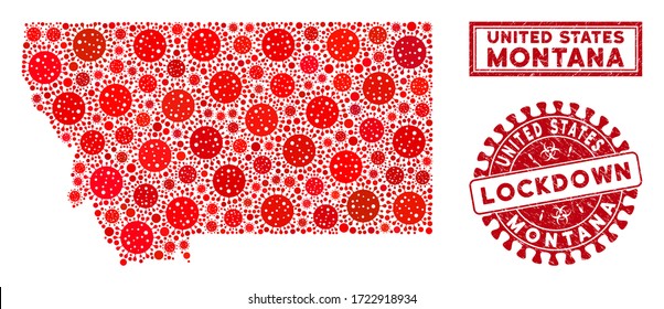 Coronavirus collage del mapa del estado de Montana y láminas de caucho. Sello de sello rayado de bloqueo rojo redondo. Las partes patógenas del coronavirus vectorial se combinan en el mapa del estado de Montana.