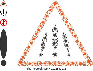 Coronavirus collage multiple danger sign icon, and other icons. Multiple danger sign collage for breakout templates. Vector collage is done with scattered viral icons.