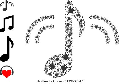 Coronavirus collage music icon, and additional icons. Music collage for isolation images. Vector collage is constructed from scattered Covid-2019 icons.