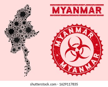 Coronavirus collage Myanmar map and red corroded stamp seals with biohazard symbol. Myanmar map collage designed with random virus items. Red rounded outbreak danger stamp, with scratched texture.