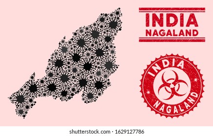 Coronavirus collage Nagaland State map and red corroded stamp seals with biohazard sign. Nagaland State map collage created with randomized mers-cov items. Red rounded outbreak danger stamp,