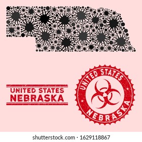 Coronavirus collage Nebraska State map and red grunge stamp watermarks with biohazard symbol. Nebraska State map collage formed with random contagious symbols. Red rounded outbreak danger seal stamp,