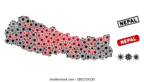 Coronavirus collage Nepal mapa y sellos de sellos de goma. Collage de mapas de Nepal construido con símbolos de mers-cov rojos y negros dispersos. Sellos rectangulares, con textura impura.