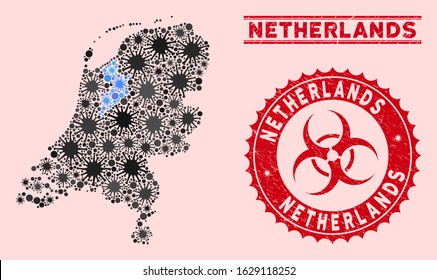 Coronavirus collage Netherlands map and red grunge stamp watermarks with biohazard symbol. Netherlands map collage designed with random microorganism icons. Red rounded outbreak danger seal stamp,