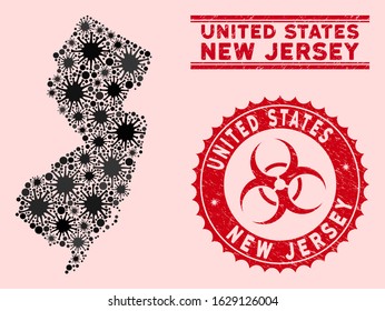 Coronavirus collage New Jersey State map and red distressed stamp seals with biohazard symbol. New Jersey State map collage constructed with scattered flu elements.