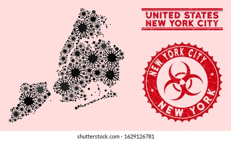 Coronavirus collage New York City map and red grunge stamp watermarks with biohazard sign. New York City map collage created with random contagious icons. Red rounded outbreak danger watermark,