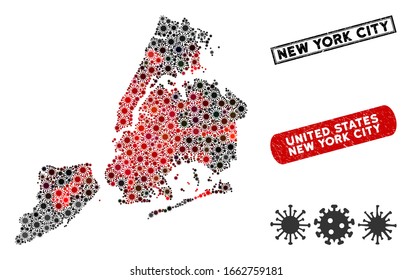 Coronavirus collage New York City map and distressed stamp seals. New York City map collage formed with scattered red and black pandemic symbols. Rectangle stamps, with unclean texture.