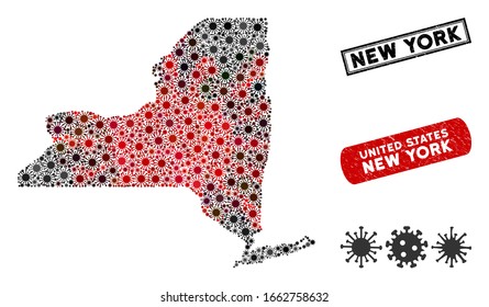 Coronavirus collage New York State map and rubber stamp seals. New York State map collage created with scattered red and black bacillus icons. Rectangle stamps, with unclean texture.