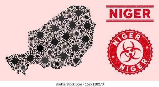 Coronavirus collage Niger map and red grunge stamp seals with biohazard symbol. Niger map collage composed with random pandemic items. Red rounded outbreak danger stamp, with dirty texture.