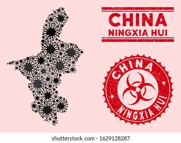 Coronavirus collage Ningxia Hui Region map and red grunge stamp seals with biohazard symbol. Ningxia Hui Region map collage designed with scattered pandemic symbols. Red round outbreak danger stamp,