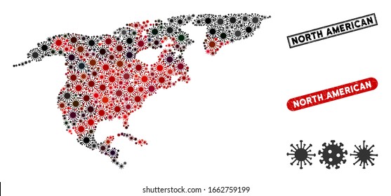 Coronavirus collage North America map and grunge stamp seals. North America map collage constructed with random red and black contagious symbols. Rectangle seals, with distress texture.