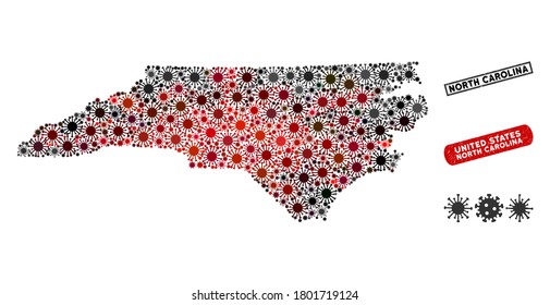 Coronavirus collage North Carolina State map and rubber stamp seals. North Carolina State map collage designed with random red and black microbe symbols. Rectangle seals, with grunge texture.