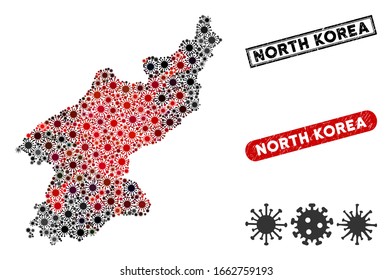 Coronavirus collage North Korea map and grunge stamp seals. North Korea map collage designed with random red and black flu elements. Rectangle seals, with dirty texture.