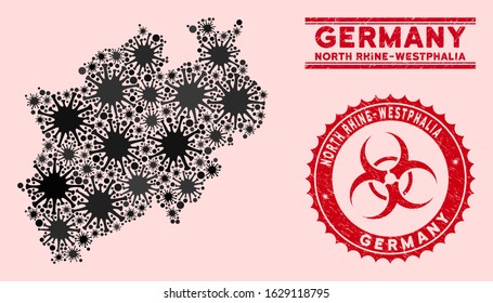 Coronavirus collage North Rhine-Westphalia Land map and red corroded stamp watermarks with biohazard sign. North Rhine-Westphalia Land map collage composed with random mers-cov elements.