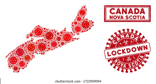 Coronavirus collage Nova Scotia Province map and seal stamps. Red round lockdown distress seal stamp. Vector coronavirus viral icons are organized into composition Nova Scotia Province map.