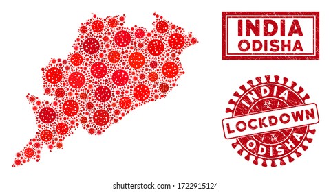 Coronavirus collage del mapa del estado de Odisha y sellos de sello. Sello texturizado con cierre redondo rojo. Las partes virales de los vectores se componen en un collage del mapa estatal de Odisha. Combinación de vectores para bloqueo,