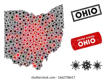 Coronavirus collage Ohio State map and grunge stamp seals. Ohio State map collage composed with scattered red and black viral elements. Rectangle seals, with dirty texture.