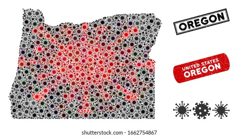 Coronavirus collage Oregon State map and corroded stamp watermarks. Oregon State map collage created with random red and black infectious icons. Rectangle watermarks, with scratched texture.