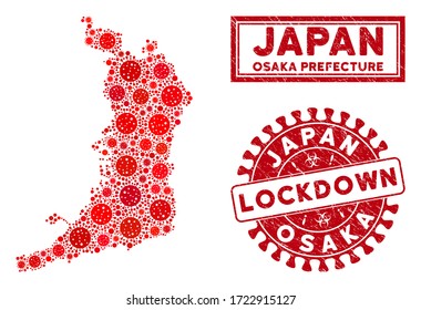 Coronavirus collage de mapas de la prefectura de Osaka y sellos de sello. Sello rojo redondeado del umbral de bloqueo. Las partes patógenas del coronavirus vectorial se combinan en la composición del mapa de la prefectura de Osaka.
